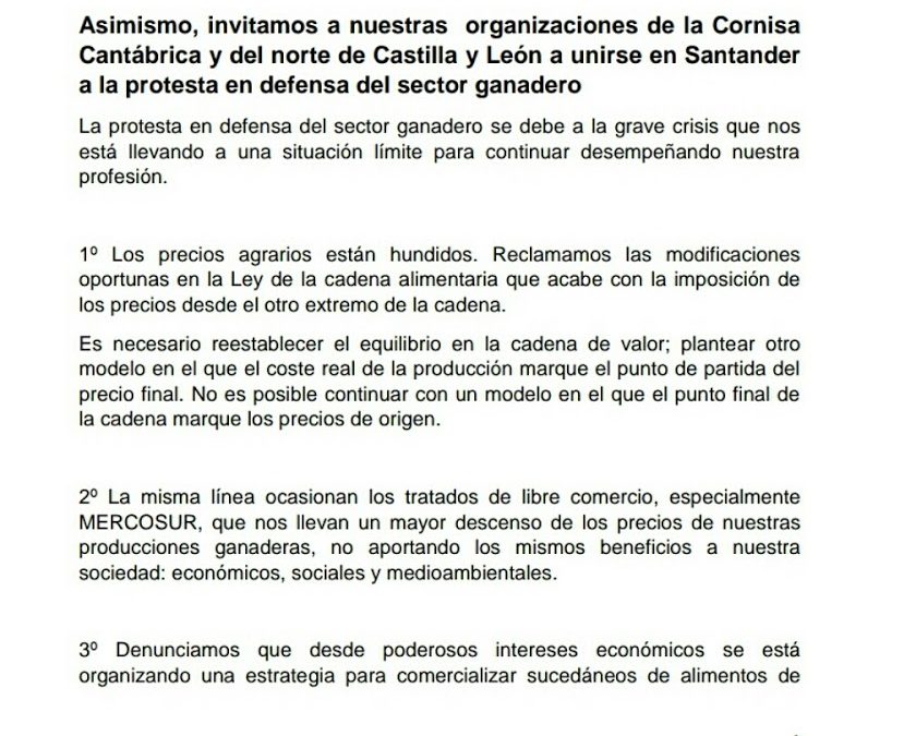 LAS ORGANIZACIONES AGRARIAS CONVOCAN A LOS GANADER@S DE CANTABRIA A UNA MOVILIZACIÓN EL PRÓXIMO VIERNES 28 DE FEBRERO EN SANTANDER